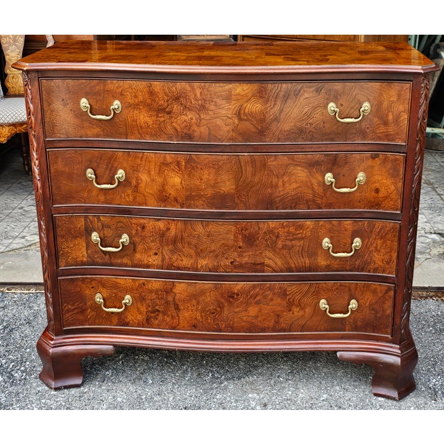 A late 20th Century Hekman Chippendale Style Burl Mahogany Serpentine Chest of Drawers. Lot of storage in these deep, wide...