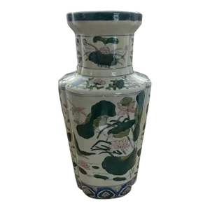 Vintage Mid Twentieth Century Chinese Export Famille Crete Pink and Green Quatrefoil Vase