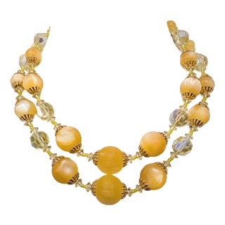 Vintage 1960s Signed Vendome 2-Strand Goldtone Orange & Yellow Beaded Necklace For Sale