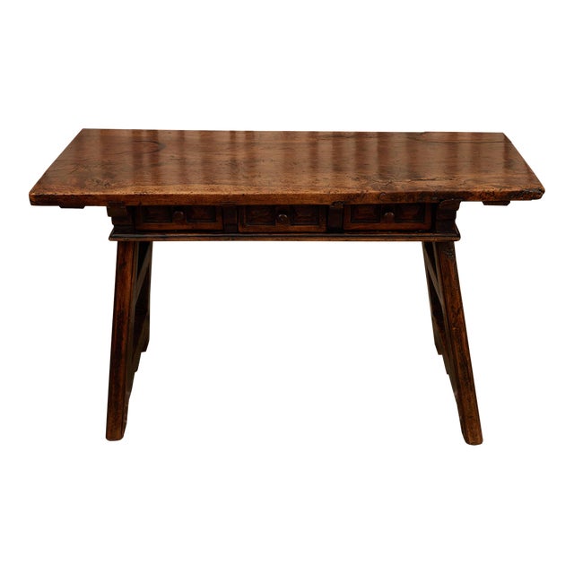 18th C. Spanish Beautifully Rustic Carved-Wood Trestle-Leg Table With Drawers For Sale
