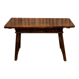 18th C. Spanish Beautifully Rustic Carved-Wood Trestle-Leg Table With Drawers