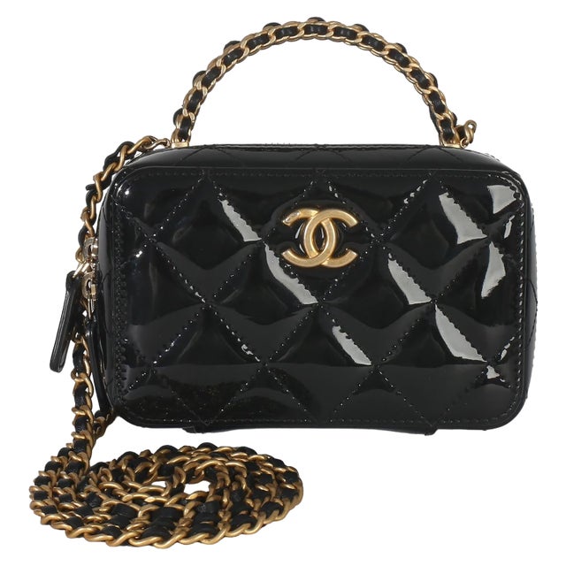 Black Quilted Patent Mini Vanity Chain Bag For Sale