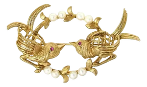 Mid 20th Century Pearl & Ruby Two Bird 14k Yellow Gold Pin Brooch