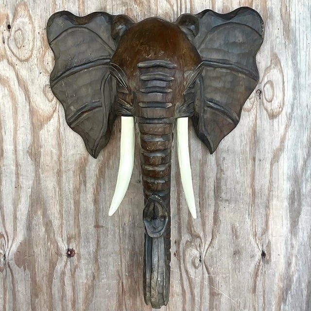 Vintage Boho Carved Elephant Wall Sculpture Chairish