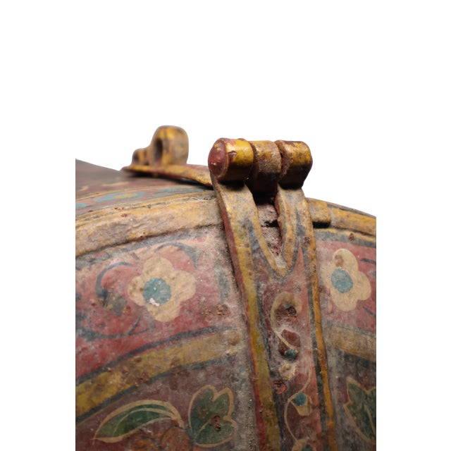 Antique Indonesian Handcrafted Metal Storage Vessel With Hand-Painted Floral Cartouches & Ornamental Hardware For Sale - Image 11 of 18