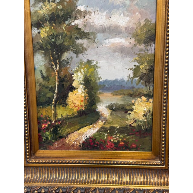 Late 20th Century Vintage Giltwood Sunny Day on Open Road Canvas Oil on Painting, Signed For Sale - Image 5 of 12