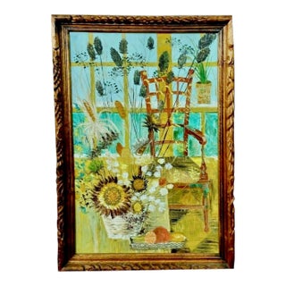 Large Oil on Canvas Window Scene Painting, Mid-Century For Sale