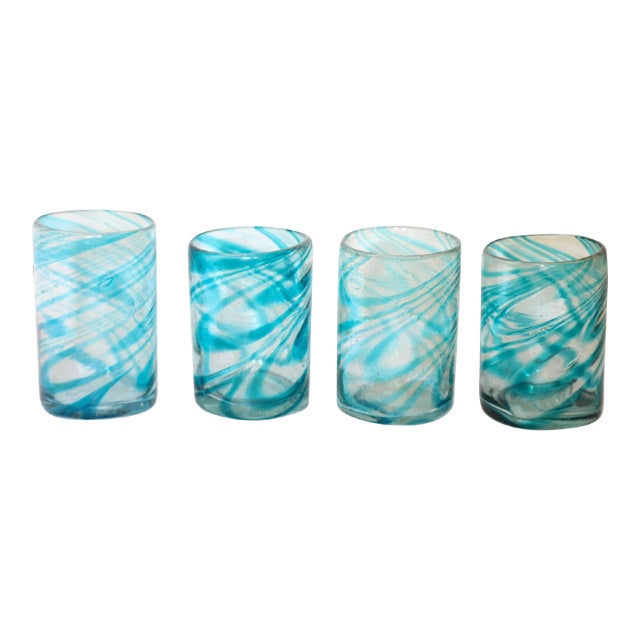 Hand Blown Drinking Glasses Handcrafted Blue Swirl Set of 4 For Sale