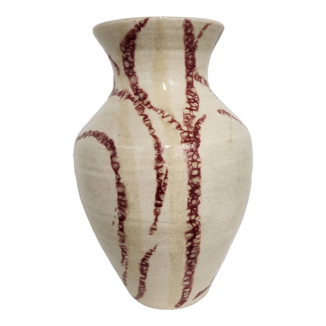 Vintage J. Weber Studio Pottery Oxblood Drip Glaze Cream Crackle Vase For Sale