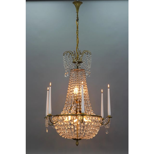 French Louis XVI Style Brass and Crystal Basket 9-Light Chandelier For Sale - Image 6 of 18