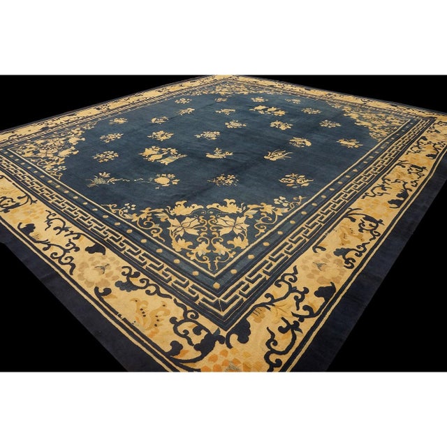 Chinese 1890s Blue Field Classic Greek Key Antique Chinese Peking Rug 13' 9'' X15' 3'' For Sale - Image 3 of 10