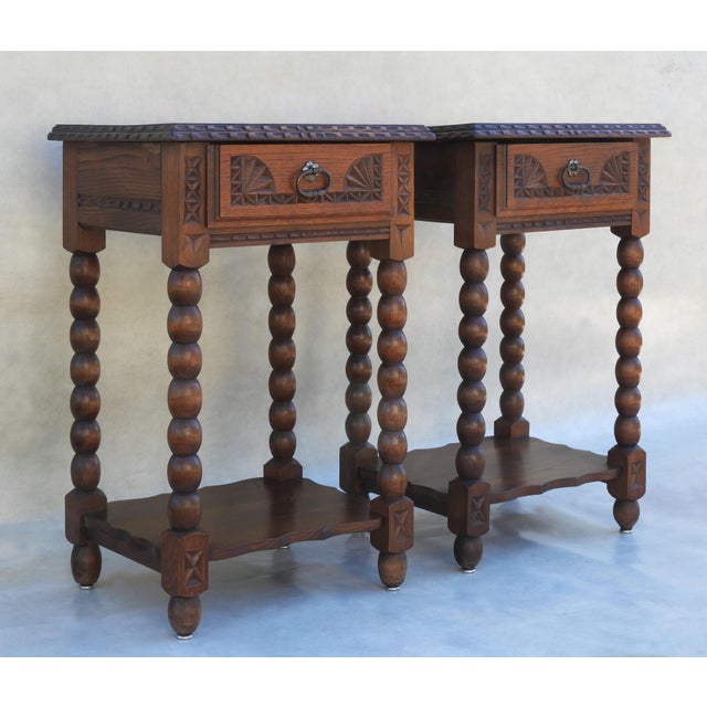 Neo-Basque Carved Oak Single Drawer Nightstands by Charles Dudouyt, France, 1930s, Set of 2 For Sale - Image 11 of 11