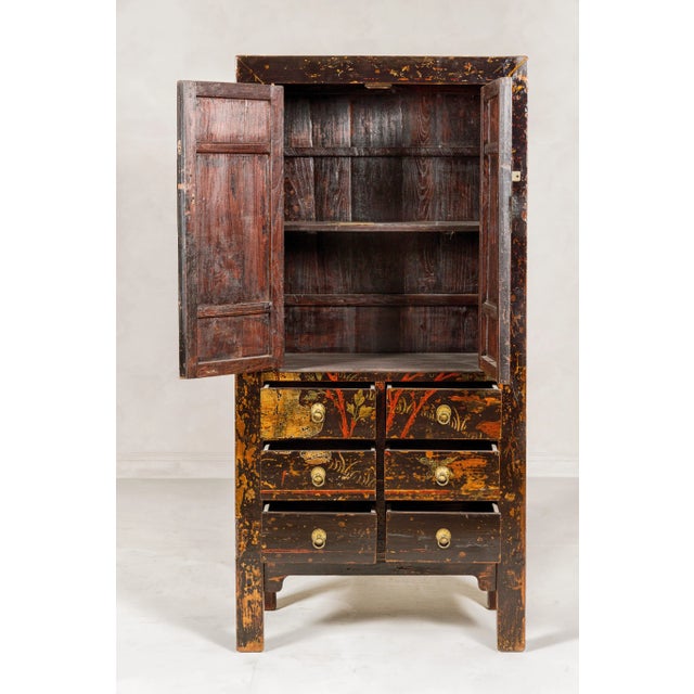 Qing Dynasty Hand-Painted Cabinet with Floral Décor, Doors and Drawers For Sale - Image 10 of 12