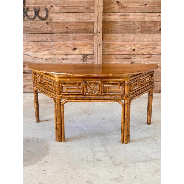 Vintage Bamboo Chinese Style Demi-Lune Center Table With Open Fretwork Design For Sale - Image 12 of 12
