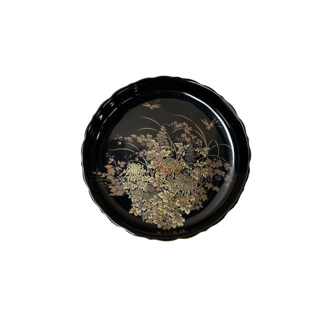 1990s 7.5" Oriental Black Glaze Porcelain Charger Plate Golden Flower Graphic For Sale - Image 5 of 8