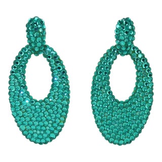 1980s Richard Kerr Aqua Green Pave Crystal Hoop Earrings - 2 Pieces For Sale
