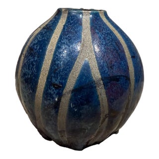 Modernist Studio Art Pottery Blue Vase Vessel Signed For Sale