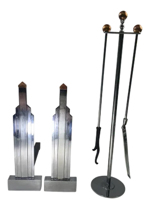 1930s Jules Bouy Art Deco Chrome and Copper Andirons and Firetools by Jules Bouy