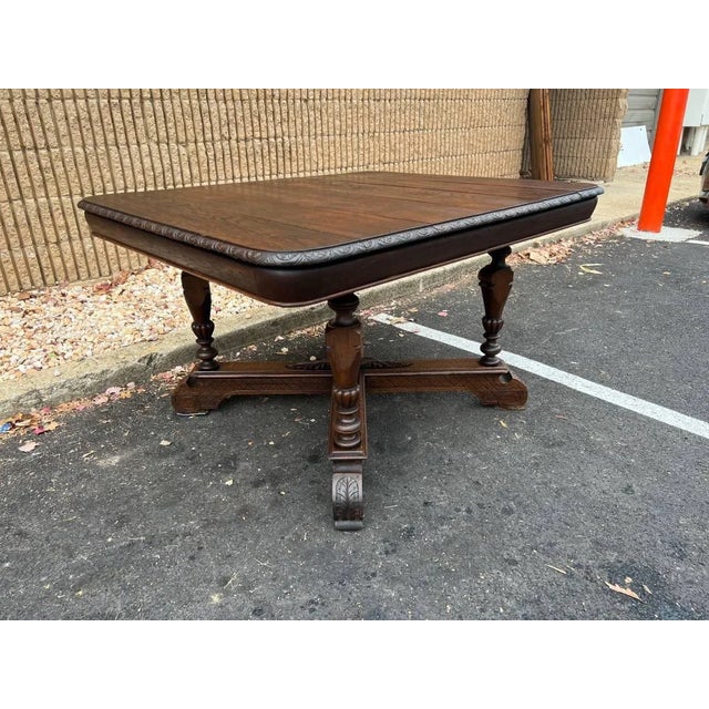 Wood Antique Large Solid Oak Dining Table With 4 Leaves. 19th Century. For Sale - Image 7 of 12