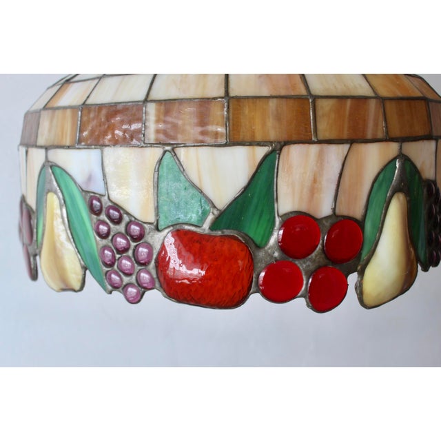 1970s Tiffany-Style Stained Glass Fruit Leaf Motif Pendant Hanging Light Fixture For Sale - Image 12 of 18