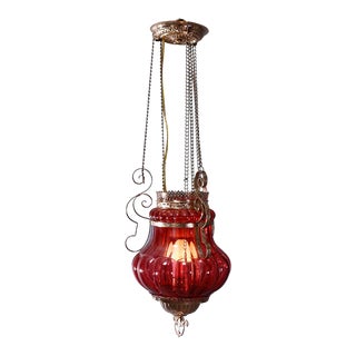 Antique Cranberry Glass Hanging Hall Pendant Light Fixture, circa 1890 For Sale