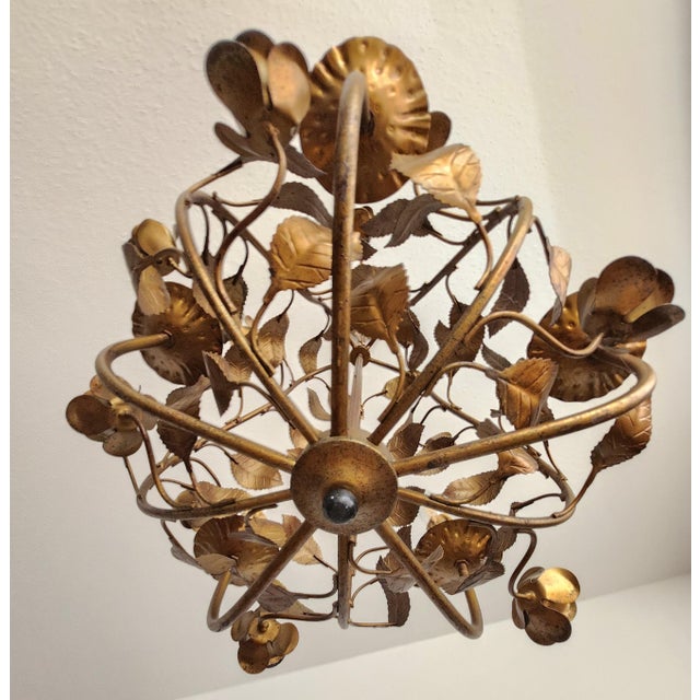 Hollywood Regency 4-Light Floral Chandelier in Hand-Forged Dark Gilt Metal with Rose and Leaf Ornaments, 1960s For Sale - Image 7 of 18