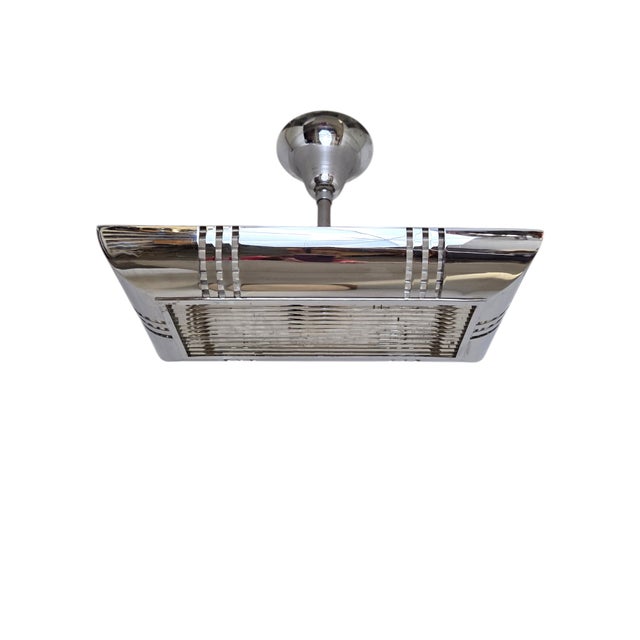 Mid 20th Century French Modernist Art Deco Billiard Chandelier Highly Polished Nickel & GlassRods For Sale - Image 12 of 18