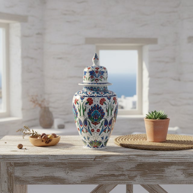 Turkish Handmade Ceramic Iznik Shah Vase with Lid (Classic Floral Style) Red Carnation and Central Hatayi Medallion For Sale - Image 3 of 8