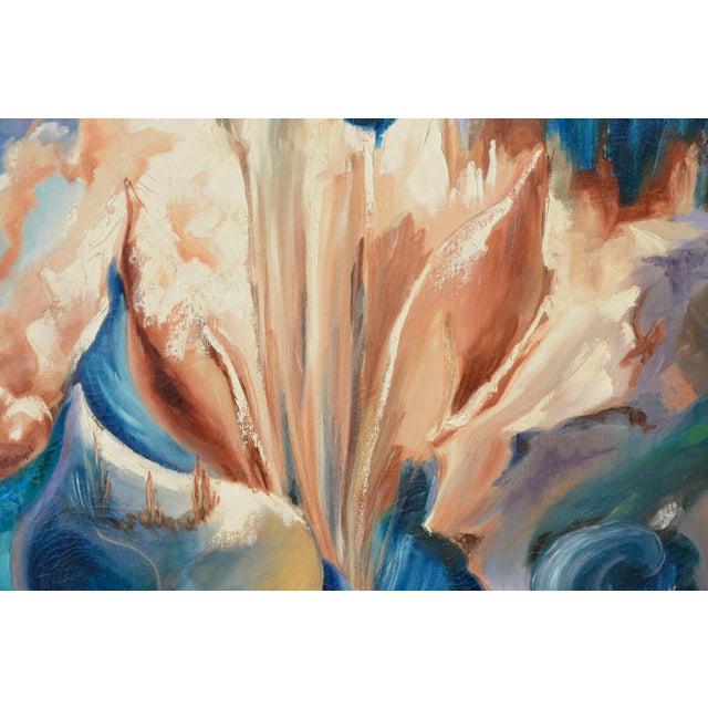 Mid-century floral abstract in blues and earth tones with impasto paint application by Rawlins 1961 (American, 20th...