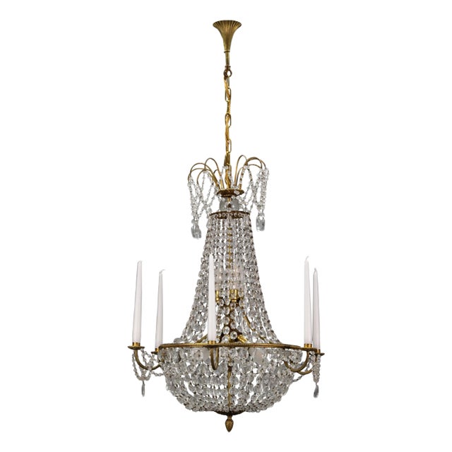 French Louis XVI Style Brass and Crystal Basket 9-Light Chandelier For Sale