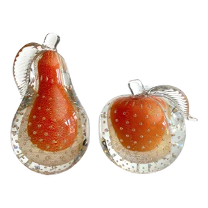 Vintage Mid Century Modernist Barbini Murano Art Glass Sommerso Gold Leaf Bullicante Apple & Pear Bookend Sculptures - Set of 2