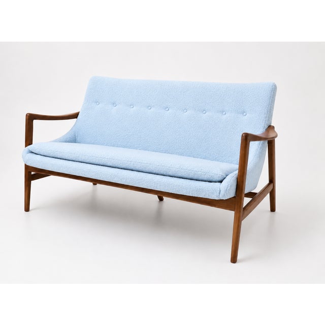 Modern Mid Century Style Sofa Baby Blue Chenille For Sale - Image 4 of 4