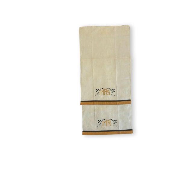 Vintage Mr & Mrs Linen Towels Saffron Black Trim Monogram Embroidered Guest Towels - a Pair For Sale - Image 9 of 11