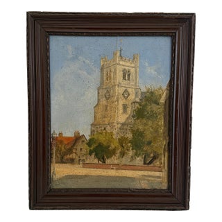 English Village Church Oil Painting by John J. Fyson, 1946 For Sale