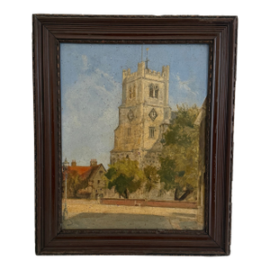 English Village Church Oil Painting by John J. Fyson, 1946