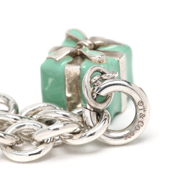 Early 21st Century Tiffany & Co Turquoise Present Charm Bracelet, Sterling Silver, Length 7.25 In For Sale - Image 5 of 9