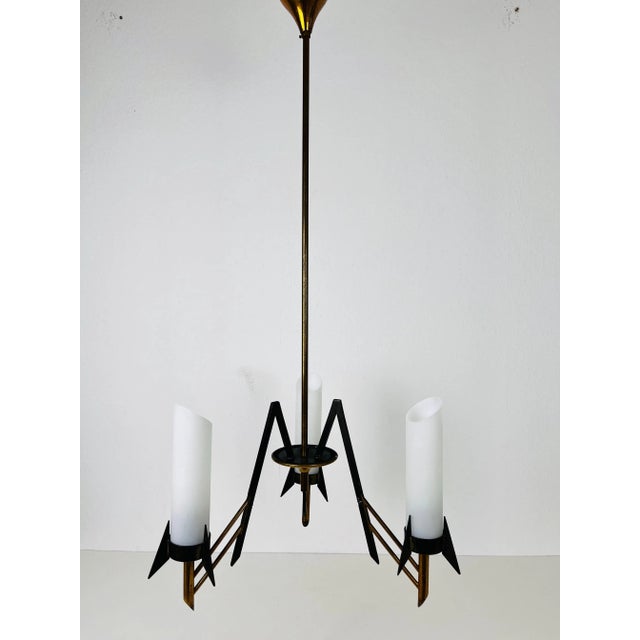 Italian Mid-Century Brass and Opaline Glass 3-Arm Chandelier, 1960s For Sale - Image 4 of 11