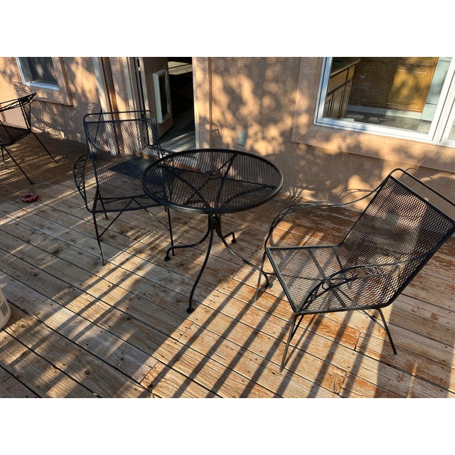 1960s Woodard Style Mid-Century Modern Black Wrought Iron Mesh Bistro Set - 3 Pieces For Sale - Image 5 of 8