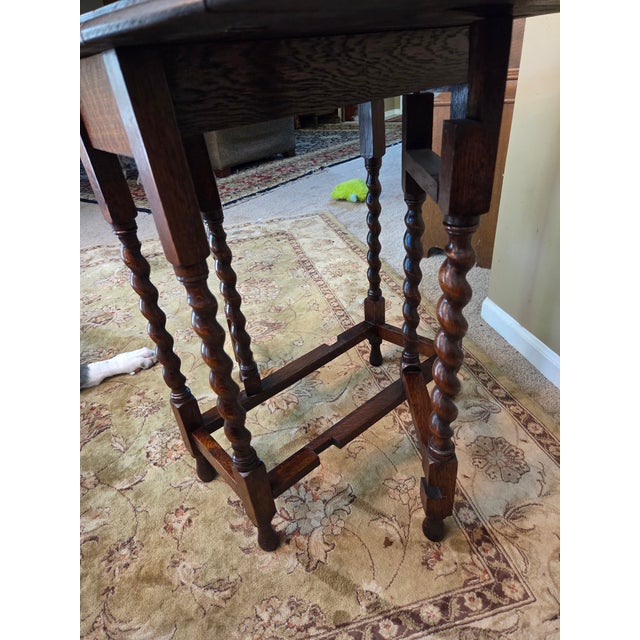 Antique English Table Drop Leaf Gateleg Barley Twist Oak Medium End Table Oval For Sale - Image 9 of 17