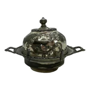 Mid 20th Century Poole Silver Company Quadruple Silver Plate Round Covered Butter Dish With Glass Insert