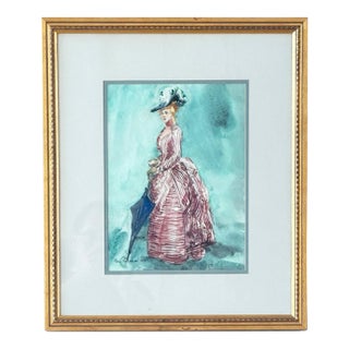 Vintage 1979 Watercolor Illustration of Victorian Woman Signed Mia Tschampel For Sale
