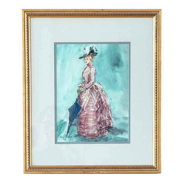 Vintage 1979 Watercolor Illustration of Victorian Woman Signed Mia Tschampel For Sale