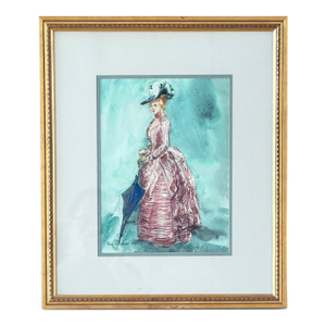 Vintage 1979 Watercolor Illustration of Victorian Woman Signed Mia Tschampel
