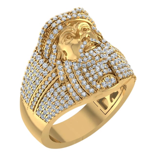 10K Yellow Gold Round Diamond 3D Jesus Religious Mens Ring 1-3/4 Cttw, Size 10 For Sale