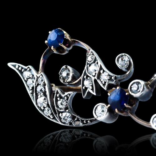 Antique Victorian 9 Karat Gold, Sapphire and Diamond Brooch with Foliate Motif, 1880s For Sale - Image 9 of 18