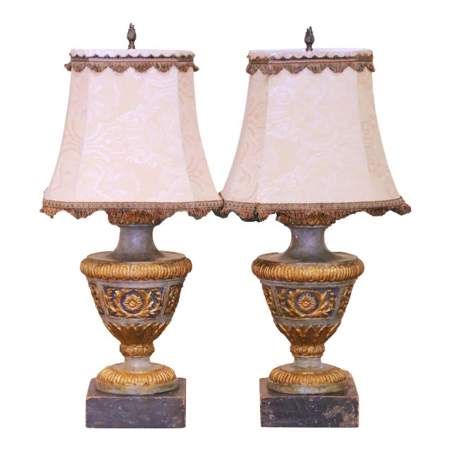 Pair of Mid-Century Italian Carved and Painted Urn Form Table Lamps For Sale