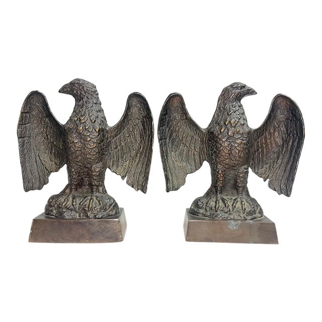 Pair of Vintage Solid Bronze Realistic Open Winged American Bald Eagle Bookends For Sale