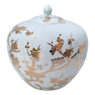 Williams Sonoma Home Porcelain White and Gold Ginger Jar For Sale