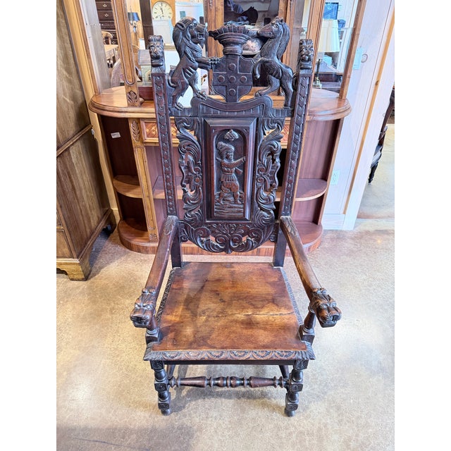 Antique Renaissance Revival Heraldic Carved Throne Chair For Sale - Image 4 of 10