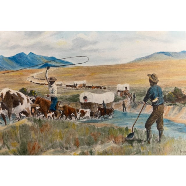 1970s Vintage Western Pioneer Wagon Train Landscape Painting, Signed, Oregon Trail Americana. For Sale - Image 5 of 10